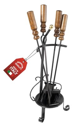 MOHOME Set Camino Attrezzi Kit 5 Utensili 25x55 cm Made in Italy Resistenti al Calore Scopino Attizzatoio Paletta Pinza Portattrezzi Accessori Caminetto Stufa a Legna con Manici in Legno Ergonomico