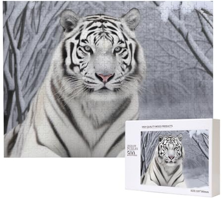500 Teile Puzzle mit Aufbewahrungsbox, weißer Tiger im Schnee, bedrucktes Holzpuzzle 52 x 38 cm, für Erwachsene und Kinder, Familienspaß, dekoratives Spiel
