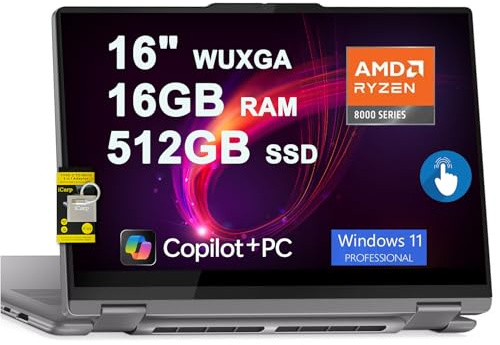 Lenovo Yoga 7 Ordinateur portable 2 en 1 16 WUXGA IPS Touch AMD 8 cœurs Ryzen 7 8840HS (>i7-12700H) 16 Go de RAM 512 Go SSD pour Creator Designer Business Professional Win11Pro ICP Hub w/Copilot AI