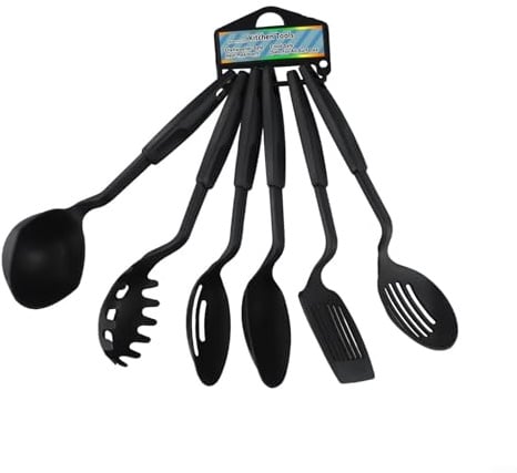 MIKMLYZE Set di 6 utensili da cucina in nylon antiaderente, con paletta, scolapasta, mestolo, pancake, per tornitore, scanalato, per tornitore e bistecca in polvere, resistente al calore