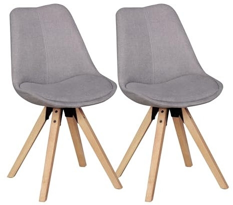 Wohnling 2er Set Retro Esszimmerstuhl Lima ohne Armlehne in Stoff Bezug Hellgrau, Küchenstuhl mit Lehne & 4 Holz Beinen, Design Essstuhl - gepolstert