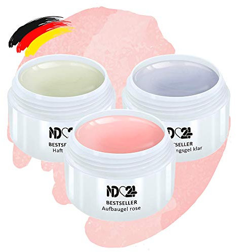 ND24 NailDesign® 3-in-1 Gelnägel Set – Professionelles Haftgel, Aufbaugel Rosa, Finish Versieglergel – UV Gel für Gelnägel, Nagel Gel UV Set, Hochwertiges Nagelgel - Made in Germany (3 x 15ml)