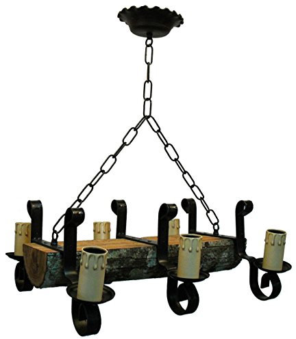 Lampara de techo rustica fabricada con tronco y forja de 6 luces.
