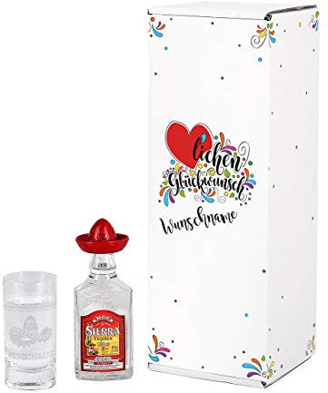 Herz & Heim® Tequila Geschenk Set zum Geburtstag mit graviertem Schnapsglas und Mini Sierra Tequila Silver in Geschenkverpackung