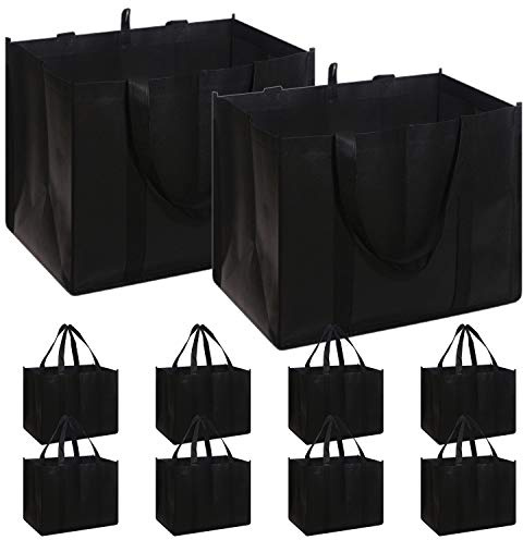 DIOMMELL Set of 10 Reusable Grocery Bags Extra Large Foldable Heavy Duty Shopping Tote Produce Bag with Reinforced Handles, Black
