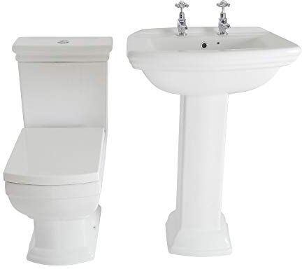 Milano Sandringham Traditional Close Coupled Toilet Full Pedestal Bathroom Basin Sink - 2 Tap Hole
