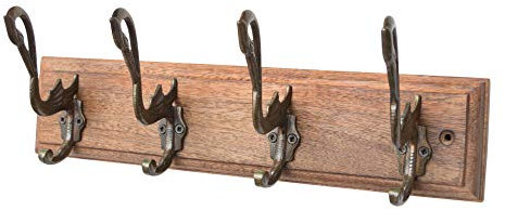 Knober Garderobenleiste Teak Holz massiv Kleiderhaken Gusseisen Haken Garderobenhaken Rustikal Antik Shabby (Garderobenleiste Schwan Eisen Holz 4 Haken 42x8,5cm Doppelhaken …)