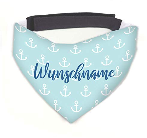 Hundehalstuch Anker blau / weiß personalisiert inklusive Wunschname mit 12 cm Klettverschluss für kleine, mittlere und große Hunde, Hunde-Halstuch / Dreieckstuch (L Halsumfang 45-60 cm)