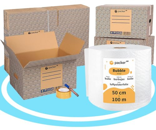 packer PRO Pack Mudanza con 5 Cajas Carton Mudanza 600x400x400mm, 10 Cajas Carton Mudanza 430x300x250mm, Cinta Adhesiva, Rollo de Burbujas para Embalaje, Rotulador Permanente