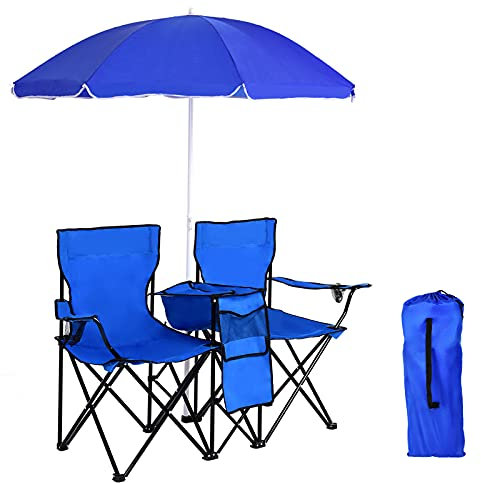 GOPLUS Chaise de Camping Pliante 2 Places avec Parasol, Poche Isotherme et Porte-gobelet,Fauteuil de Jardin Portable en PVC Idéal pour Randonnée, Plage, Pêche Max 113 KG Bleu