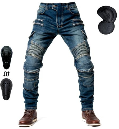 oFzimTo Motorrad-Jeanshose Für Herren, Sturzfeste Jeans Mit Geradem Bein Und 4 Arten Von Schutzausrüstung, Motorradhose Für Motorradrennfahrer (Blue,M)
