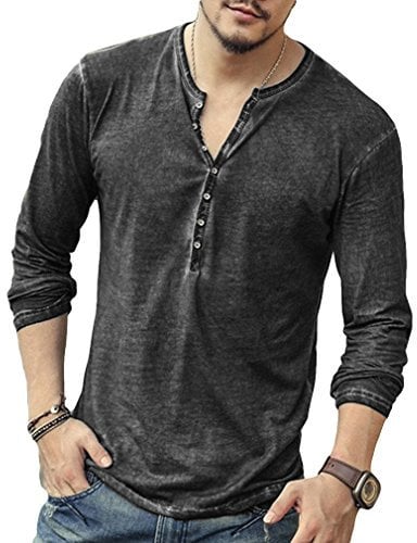 Darabun Men's Casual Henley T-Shirts - Vintage Long Sleeve Shirt Lightweight Relaxed Fit Cotton Shirt Casual Placket Round Neck Shirts Black