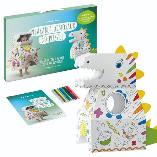 THE TWIDDLERS Großer Papp 3D Dinosaurier zum Bauen & Ausmalen mit 10 Markerstiften, XXL 79x82cm - Spielhaus, Kostüm, Basteln Geschenkset für Kinder