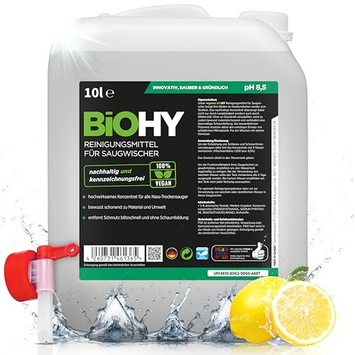 BiOHY Reinigungsmittel für Saugwischer mit Frischeduft (10 Liter Kanister) + Auslaufhahn | 1:200 Konzentrat für alle Nass-Trockensauger | ideal für Fliesen, PVC, Parkett, Laminat & Teppich