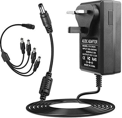 12V 2.5A Power Supply with 4 Way Splitter Cable AC 100-240V to 12 Volt DC 30W 2.5 Amp Transformer Adapter 5.5mm x 2.5mm Wall Plug for 12V 5050/3528 LED Strip Lights/CCTV Cameras/Routers
