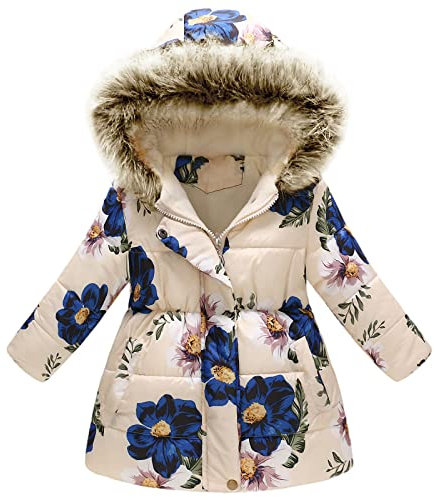 amropi Cappotto Bambini Ragazze Floreale Giacca con Cappuccio Inverno Giacche Cappotti Beige Fiore, 2-3 Anni