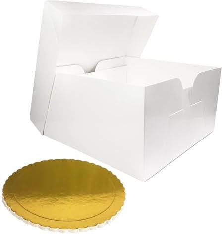 Cake Box 10 Inch Pack of 5 – Includes 5 White Cake Boxes with Removable Lids and 5 Golden Cake Boards – Strong Cardboard Cake Packaging for Cakes, Pies, Muffins, Donuts – Dust & Moisture Resistant
