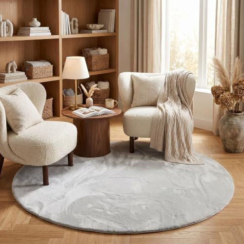 Luxus Fellteppich Pearl Grau Rund – Super Soft Kunstfell Hochflor Teppich