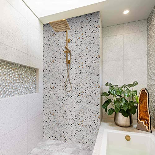 Duschrückwand Steinoptik - Terrazzo Muster Neapel, Badrückwand Hartfolie Smart Glanz 0,35 mm, 1-teilig 200x80 cm