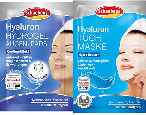 Schaebens Hyaluron Hydrogel Augen-Pads, Cooling-Effekt, reduziert Augenschatten und Schwellungen bis zu 81% mit Hyaluronsäure und Panthenol für alle Hauttypen & Hyaluron Tuchmaske, 21 g