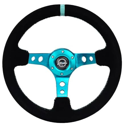 NRG Innovations NRG-RST-006S-TL verstärktes Lenkrad – 350 mm Sportlenkrad (7,6 cm tief) – schwarzes Wildleder-Mittelmarkierung mit blaugrünen Nähten und blaugrünen Mittelspeichen