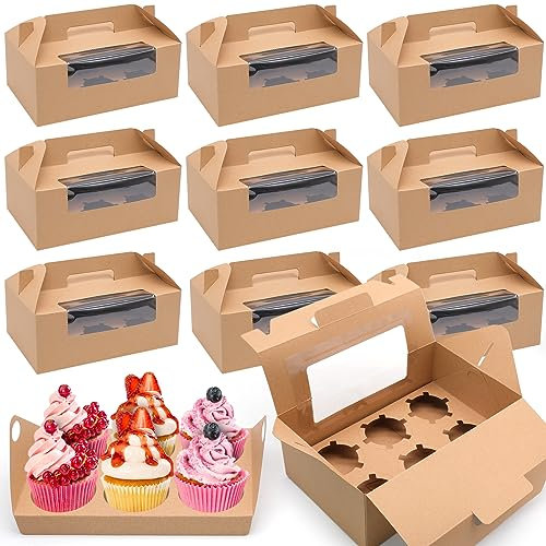 Bakiauli 12 Stück Muffin Papierschachteln, 6 Loch Kraftpapier Tortenkarton mit Griff, Partyschachteln für Hochzeit, Geburtstag, Taufe, Party