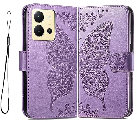 PEIYE Geprägte Hülle für Vivo Y36 4G, Klappbar Lederhülle Flip Cover Case, Schutzhülle Handyhülle mit Kartenfach und Geldfach, TPU-Innenteil, Magnetverschluss, Standfunktion,Helles Lila