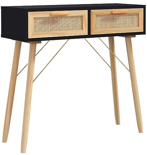 Tidyard Table Console de 2 Tiroirs Table d'entrée Table d'appoint Noir 80x30x75 cm Bois Massif pin/rotin Naturel