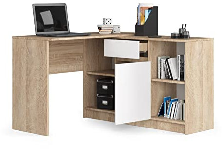 BDW Ensemble Bureau et Commode 2en1 - Bureau d'angle Bureau - Coin Bureau - Table d'angle Gaming - Bureau Home Office - 120x79x129cm - Chêne Sonoma/Blanc