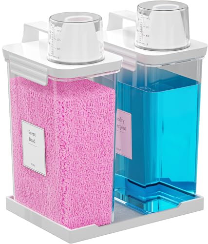 Waschmittelspenderbehälter, 2,2 l Flüssigwaschmittelspender, Kunststoff-Waschmittelspender für Waschküche/Pulver/Weichspüler mit Etiketten/Tablett, transparent, 2 Stück