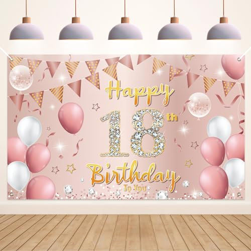 Koliphy Pancarta 18 Cumpleaños, Decoracion 18 Cumpleaños para Hombre y Mujer, Tela Pancarta de Fiesta Cumpleaños para Interiores y Exteriores, 180 x 110cm(Oro Rosa)