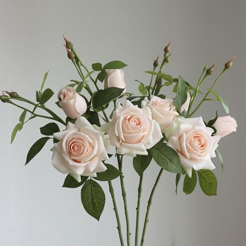 Buart Künstliche Seidenblumen, fühlen sich echt an, realistischer Rosenstrauß mit langem Stiel für Zuhause, Hochzeit, Party, Valentinstag, Muttertag, Tischdekoration, Champagner, 8 Blütenköpfe