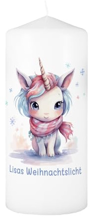 Herz & Heim® schöne Stumpenkerze mit Personalisierung zu Weihnachten (Einhorn)