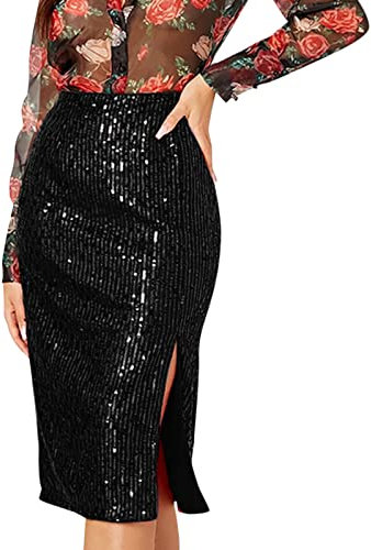 Damen Pailletten Rock Glitzer A Linie Hohe Taille Skirts Sparkle Party Knielang Rock Damen Sequin Bleistift Minirock Damen Pailletten Rock Bleistiftrock Hohe Taille Glitzer Meerjungfrau Pencil Rock