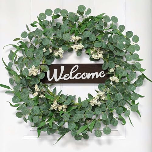 Betylifoy Artificial Eucalyptus Wreaths for Front Door Summer Wreath 65 cm Large Green Leaf Wreaths for Festivals Celebrations Walls Window Porch Farmhouse Patio Party Decoration (Green-02)