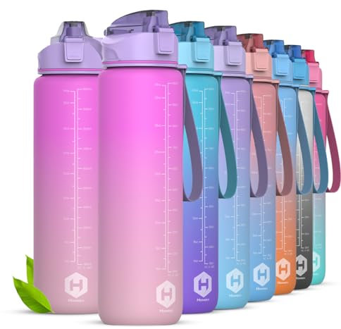 HOMEEX 1L (32oz) Motivational Water Bottle, BPA-free Sports Water Bottle with Time Marker - Quotes - One-Click Technology Ideal for Jogging, Hiking, Office, School, Adults, Children (Purple & Pink)