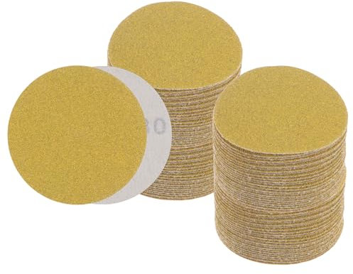 Kozelo 100pcs No Hole Sanding Discs- [ 3 Inch 80 Grit ] Round Hook and Loop Grip Sanding Pads Sheet Sandpaper for Automotive Woodworking Metal Polishing Use| Gold, Aluminum Oxide