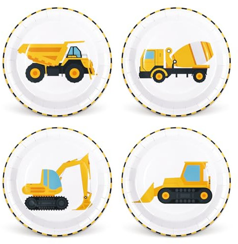 Whaline 40Pcs Construction Birthday Party Paper Plates Dump Truck Disposable Plates 4 Designs Tableware for Boys Kids Birthday Party Supplies Table Decor, 9 in