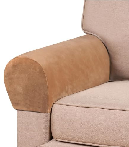Morbuy Set of 2 Stretch Armchair Covers for Arms, Velvet Armrest Covers Anti-Slip Solid Color Sofa Arm Covers Chair Arm Covers Protectors Sofa Arm Caps Slipcovers (Camel)