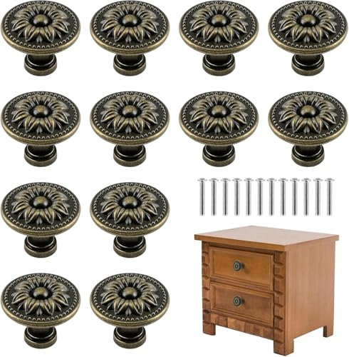 Taoduod 12 Stück Schrankknöpfe 30 * 25mm Vintage Bronze Schrankknäufe Ziehgriff Antike Bronzefarbene Schrankknöpfe Antik-Bronze-Rose-Schubladenknöpfe mit Schrauben Blumen Muster Runde Kommodenknöpfe