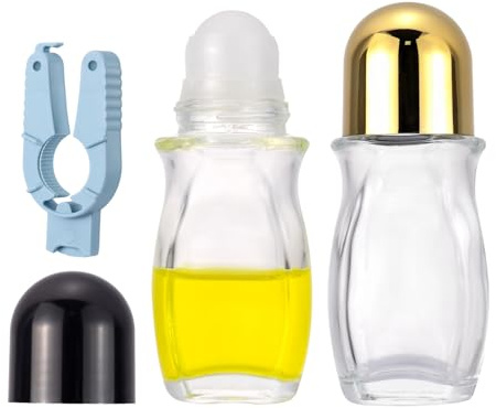 Kesell Lot de 2 flacons roller rechargeables en verre transparent de 50 ml pour huiles essentielles avec décapsuleur, bille roulante vide pour déodorant (bouchons dorés et noirs)