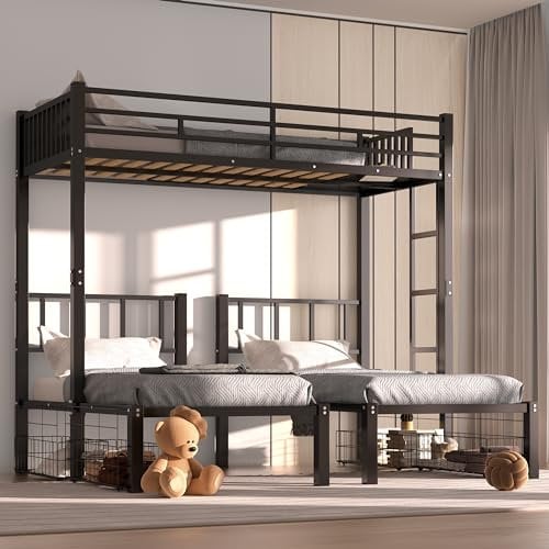 PVWIIK Triple Bunk Bed with 4 Storage Drawers and Full-Length Guardrails for 4 Kids,Metal L-Shaped Bunk Bed,Separates Into 3 Twin Beds,Space Saving Design, No Box Spring Needed, Black