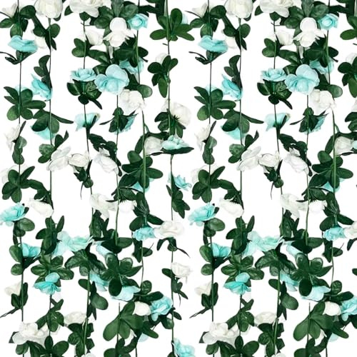 Luerbi 8Pcs 63Ft Teal White Rose Garland, Artificial Rose Vine Flowers, Silk Plastic Material, Other Shape, For Party Wedding, Garden, Room Table, Christmas, Backdrop Wall Arch Decor