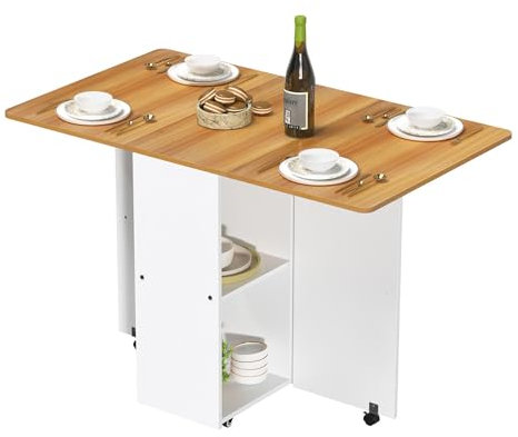 HAMHAIGO Klapptisch Küche, Esstisch Klappbar mit Rädern, Küchentisch Klappbar mit 1 Kabinett und 2 Ablagen, Klapptisch Esstisch Holz, Küchentisch Ausziehbar (Holzfarbe, 110x70x78cm)