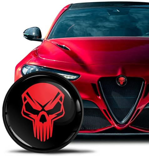 SkinoEu Kompatibel mit Alfa Romeo Emblem Plakette Motorhaube/Kofferraum 74mm für Giulietta 940 MiTo 156 147 159 GT Brera Spider 939 Schwarz Rot Schädel EA 4