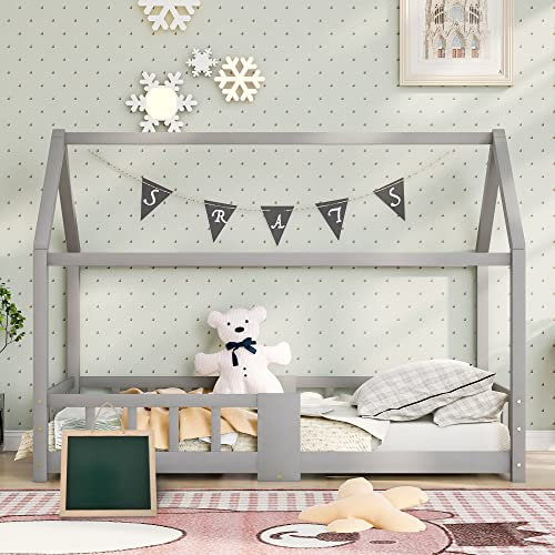 Generisch Bett Hausbett 90 x 200 cmHolzbett für Zimmer Bett inkl.Tafel Lattenrosten Rausfallschutz, aus Kiefernholz Grau (ohne Matratze)