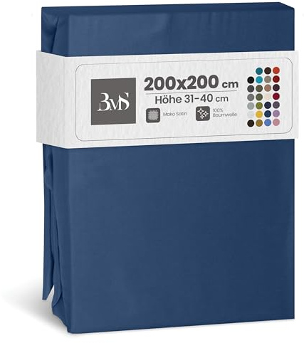 Bettwaesche-mit-Stil Mako Satin Spannbettlaken Spannlaken Spannbetttuch (200x200 cm, Matraztenhöhe Höhe 31-40 cm, Jeans Blau)