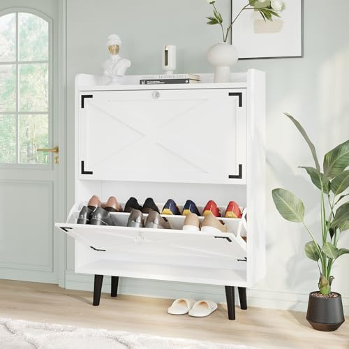 VOWNER Schuhschrank mit 2 Klappen Weiß 80x24x102cm | Schuhkipper Schmal, mit Holzbeinen, Verstellbar für Flur & Eingang