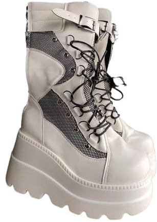 Damen-Stiefel, hohe Plateau-Stiefel, Übergröße, Nieten, High Heels, Gothic, Cosplay-Schuhe, Punk, Gothic, weiß, 39 EU