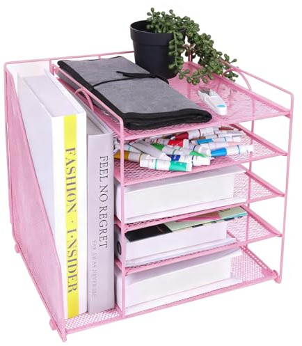 Desk Organiser with File Holder, 5 Tiers Mesh File Organizer, Pink Letter Tray Paper Organiser with Drawer, Space-Saving Book Organiser for Desk Multifunctional for Home Office